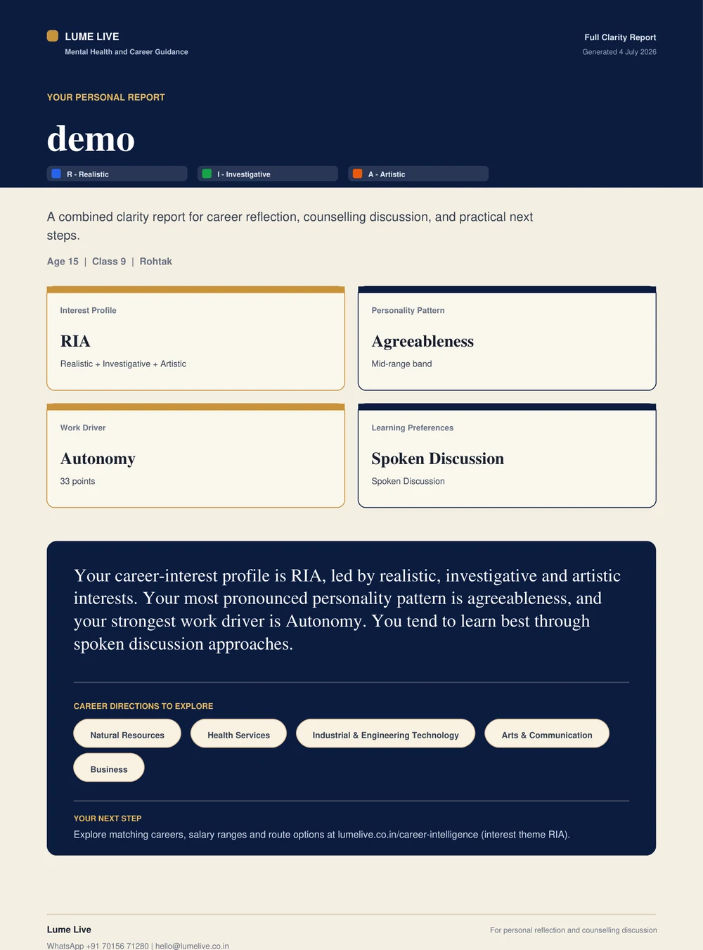 Sample Lume Live Full Clarity Report cover with RIASEC interest profile, personality pattern, work driver and learning preferences
