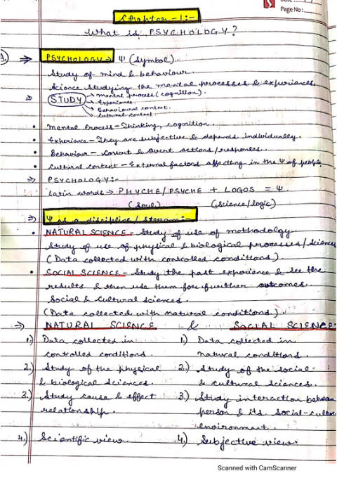 First page of handwritten notes for CBSE Class 11 Psychology Chapter 1, What is Psychology?