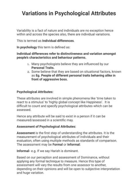 First page of typed notes for CBSE Class 12 Psychology Chapter 1, Variations in Psychological Attributes